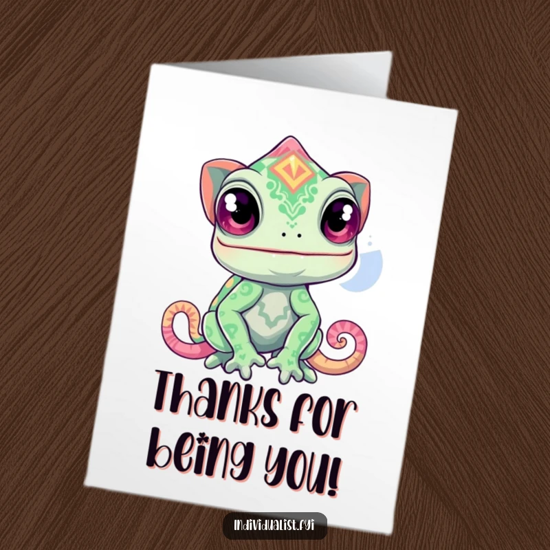 Funny Free Printable Thank You Card: Curious chameleon shifting to a bold, vibrant pattern, expressing thanks with colorful style.