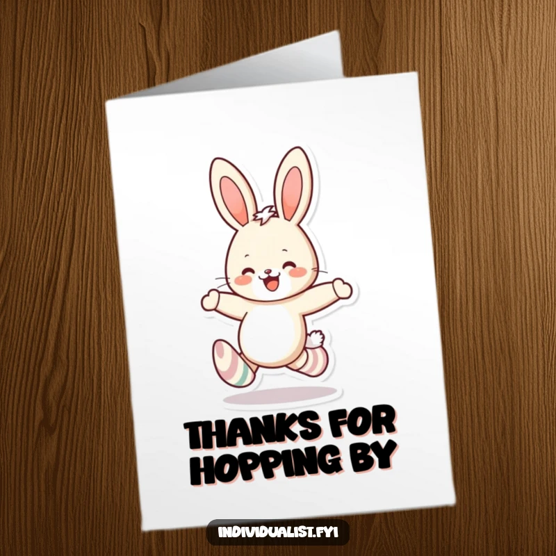 Funny Free Printable Thank You Card of a cheerful rabbit in mismatched socks skipping joyfully, conveying heartfelt thanks.