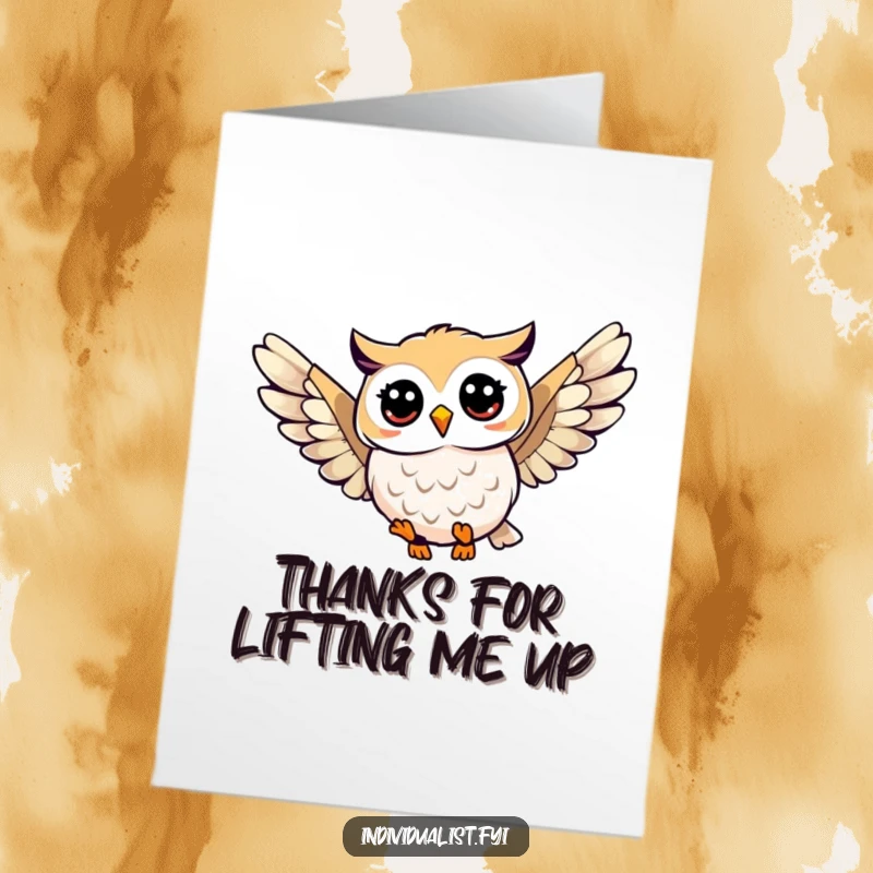 Funny Free Printable Thank You Card featuring a happy owl with an intricate wing pattern soaring, conveying thanks from the sky.