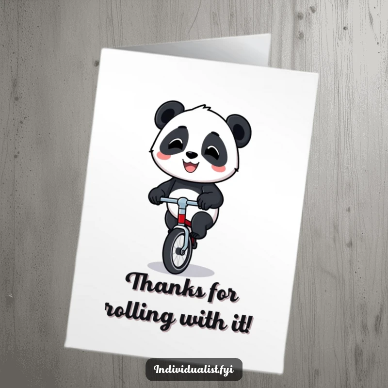 Funny Free Printable Thank You Card: Panda on a unicycle beaming proudly, sending a hilarious thank you message.
