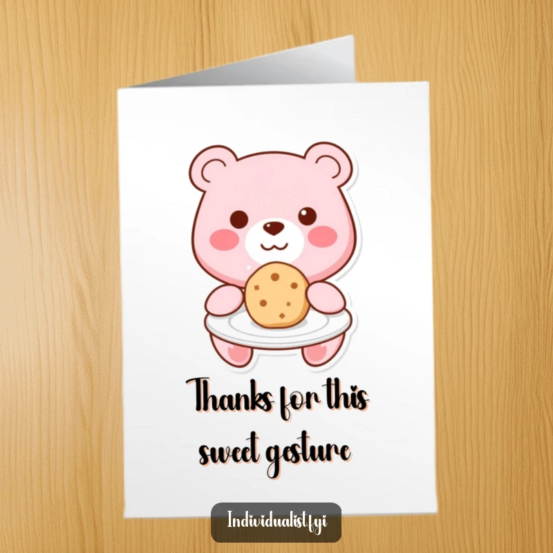Funny Free Printable Thank You Card: Sweet Kawaii bear offering a uniquely shaped cookie with a warm smile.