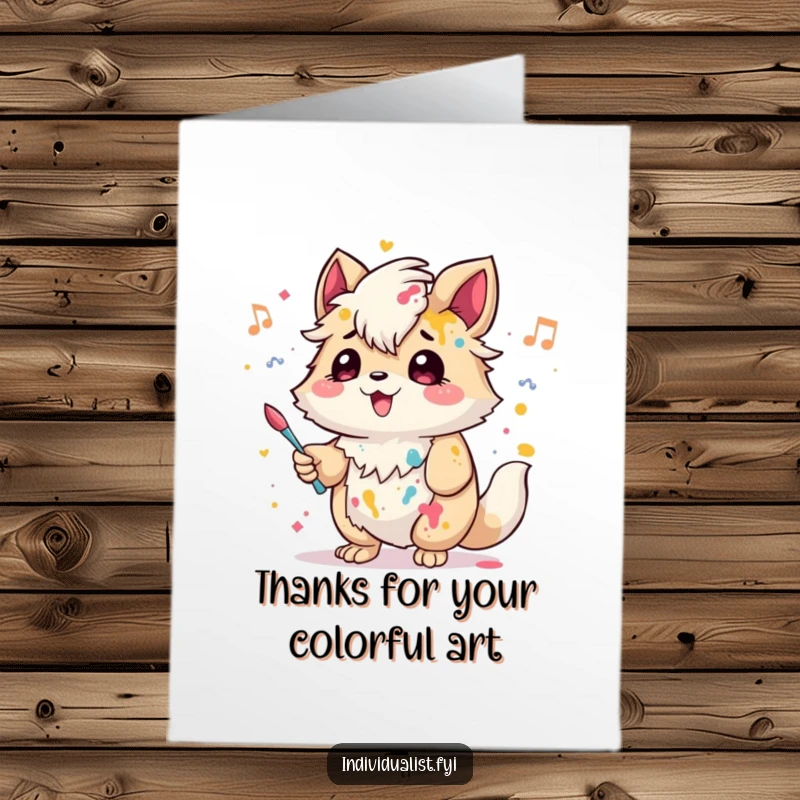 Funny Free Printable Thank You Card: A creative creature with paint splatters on its fur hums a cheerful tune, offering thanks with artistic charm.