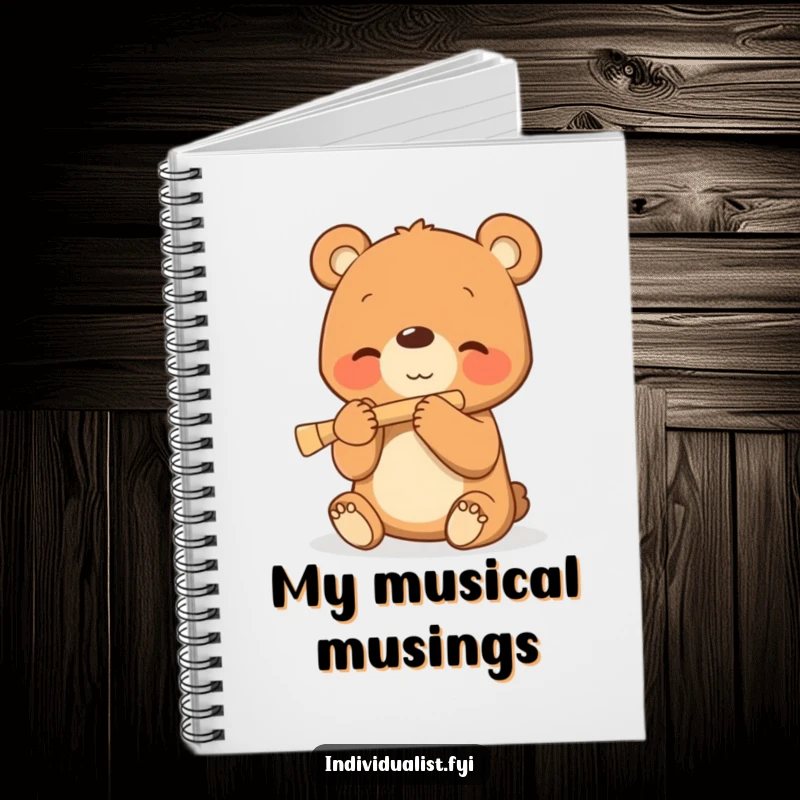 Funny notebook cover with a happy bear cub playing a small flute, symbolizing creativity and musical expression.