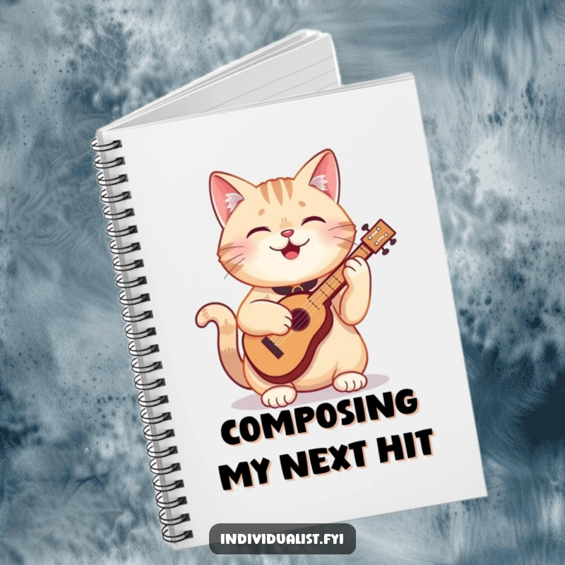 Funny cat notebook with a happy feline character playing a small, peculiar instrument, perfect for notes, journaling, or doodling.