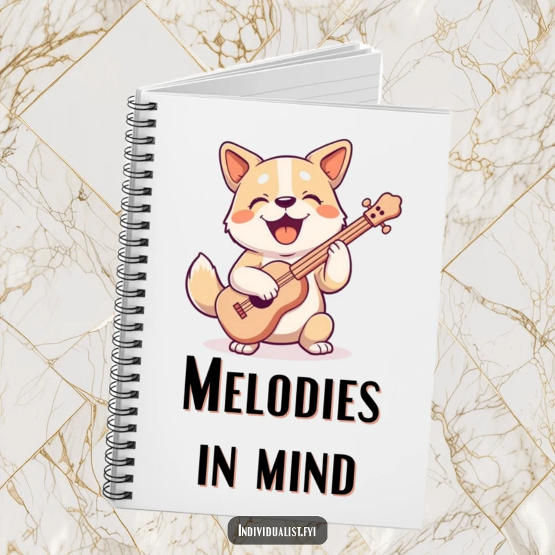 Funny, joyful dog character playing a peculiar musical instrument with a happy expression on the cover of this creative notebook.