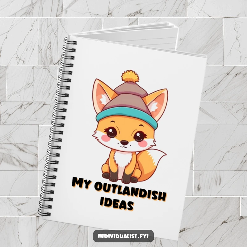 Funny notebook with a curious fox wearing a unique, brightly colored hat, perfect for jotting down notes.