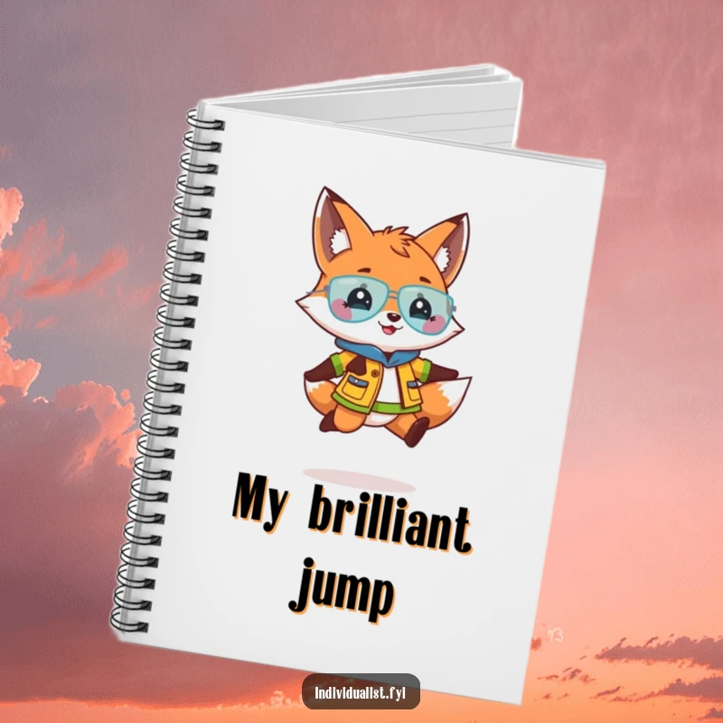 Funny notebook featuring a playful fox in a bright outfit doing a lively jump, perfect for jotting down notes with joy.