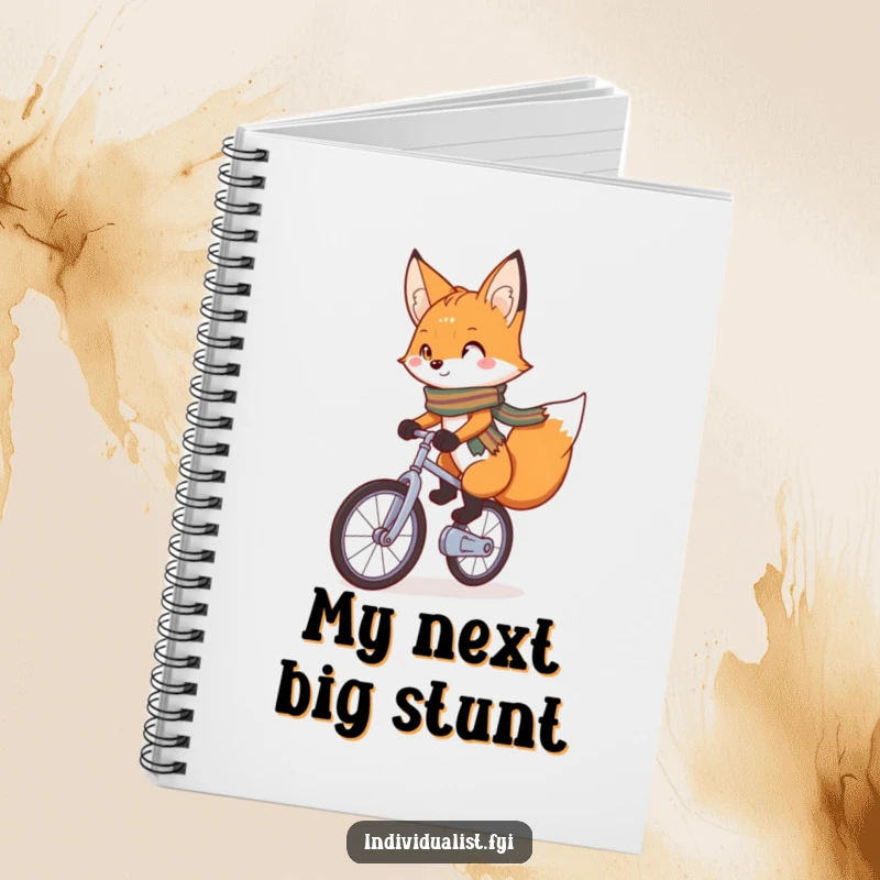 Funny Notebook with a charming fox with a bright scarf confidently riding a unicycle, perfect for jotting down ideas and adventures.