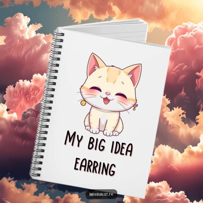 Funny notebook cover with a giggling cat wearing a large, sparkly earring, ready to capture notes and smiles.