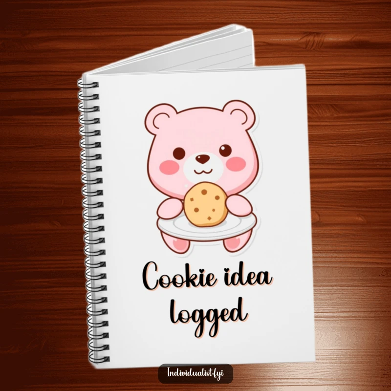 Funny Kawaii bear offering a unique cookie on a plate on the cover of a notebook, encouraging sweet note-taking.