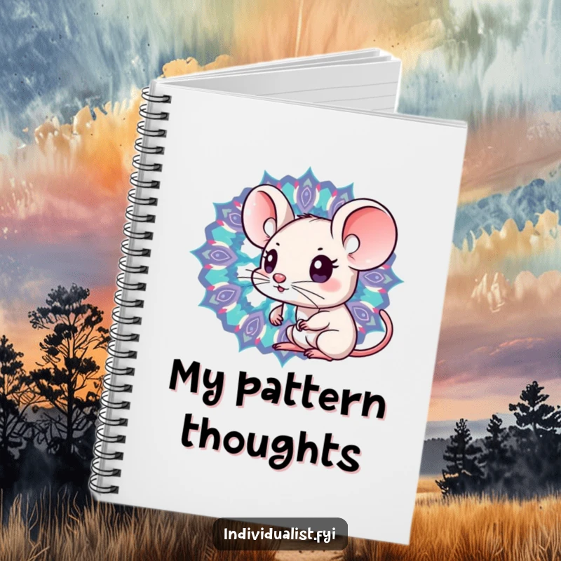 Funny Kawaii mouse looking into a kaleidoscope with distinct patterns on the cover of a notebook, encouraging creative writing.