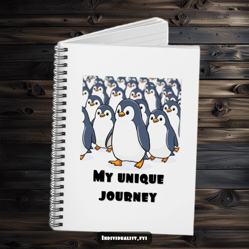 Funny Kawaii penguin walking against a stream of identical penguins on the cover of a notebook, promoting unique writing.