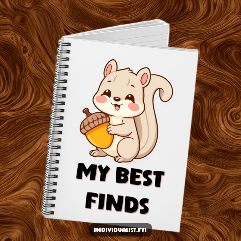 Funny Kawaii squirrel notebook, with a delighted squirrel holding a unique acorn, ideal for journaling unique discoveries.