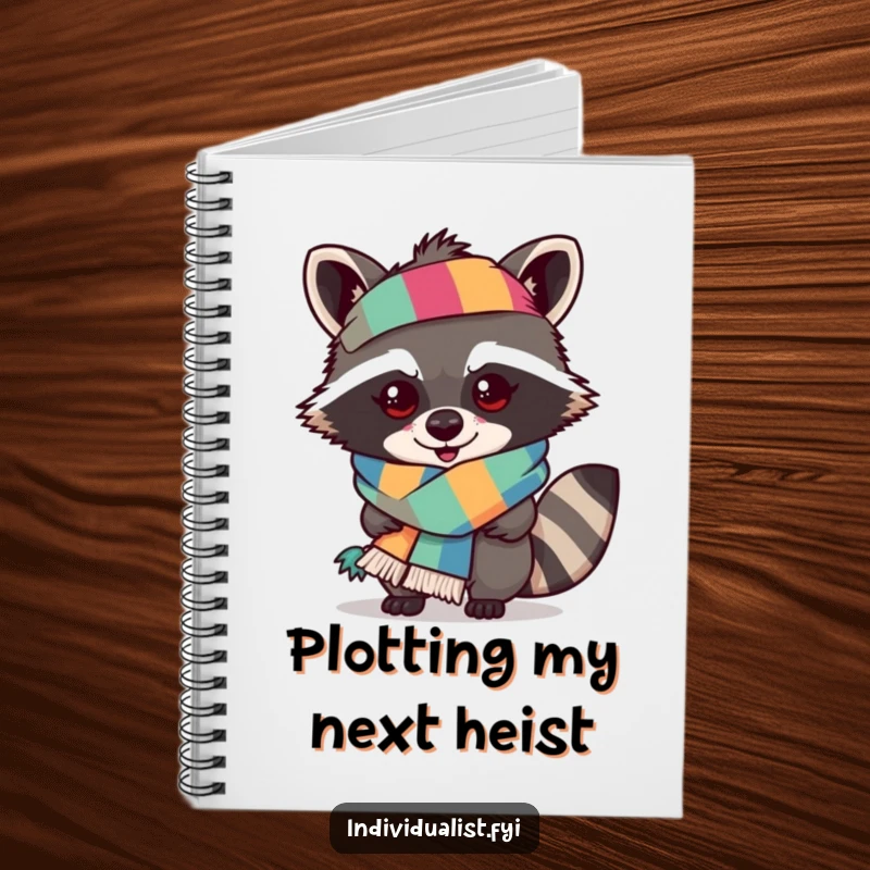 Funny raccoon notebook cover with a mischievous raccoon wearing an outlandish, colorful scarf, ideal for journaling.