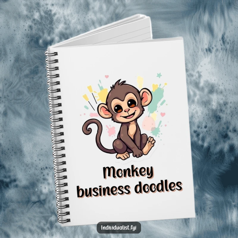 Funny notebook cover with a monkey creating abstract art using its tail, symbolizing uninhibited creativity.