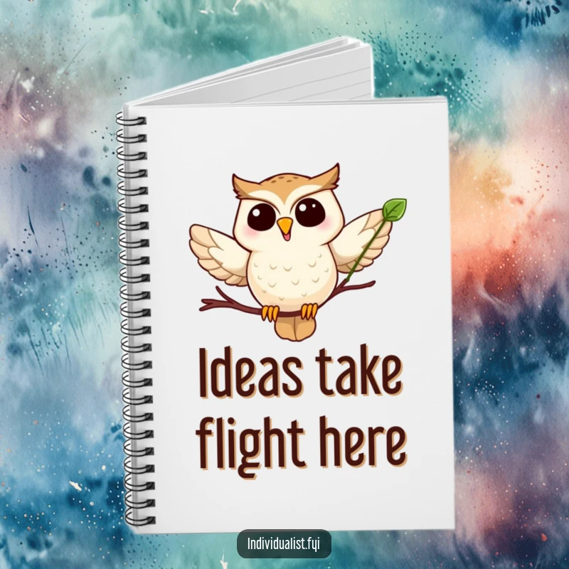 Funny owl leaf notebook with a joyful owl in mid-flight holding a distinctive leaf, inspiring creative writing.