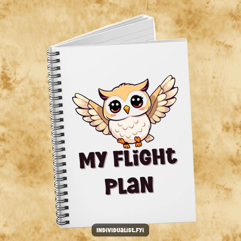 Funny owl soaring notebook with a happy owl character and unique wing pattern, ideal for journaling, sketching, or note-taking.