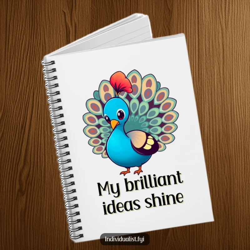 Funny Notebook with a peacock proudly strutting and showcasing a single, brightly colored feather, perfect for capturing elegant thoughts.