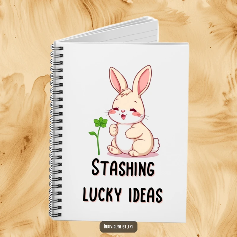 Funny notebook with a delighted rabbit adoring a unique clover, designed for capturing joyful thoughts and ideas.