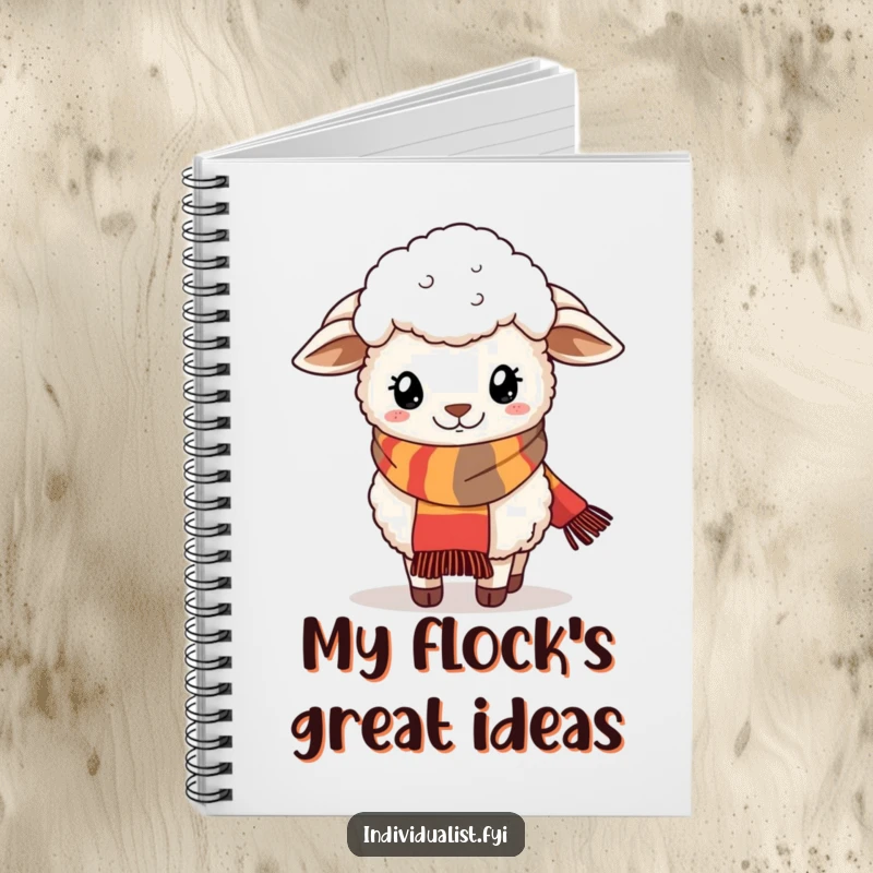 Funny notebook with a fluffy sheep wearing a stylish, quirky scarf, perfect for jotting down notes and ideas.
