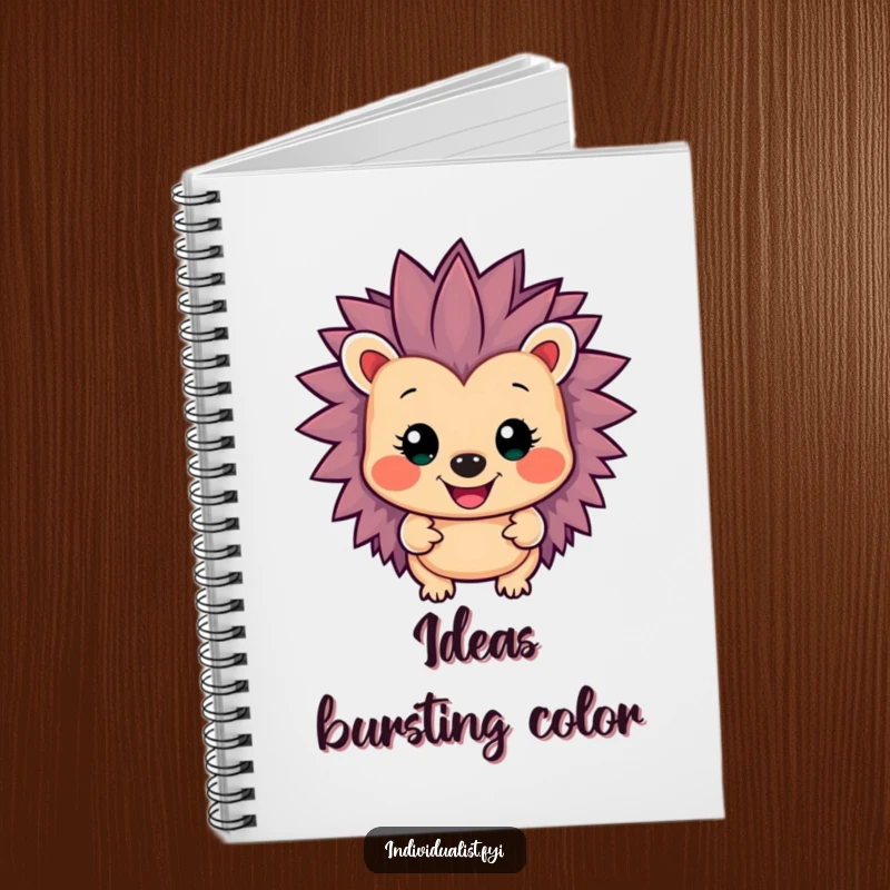 Funny smiling hedgehog with unusually vibrant, spiky colors on the cover of this creative notebook.
