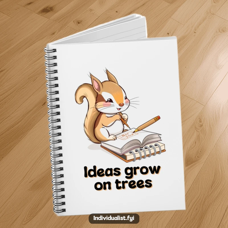 Funny notebook with a content squirrel artist on the cover, sketching in a tiny notebook, inspiring creative writing and drawing.