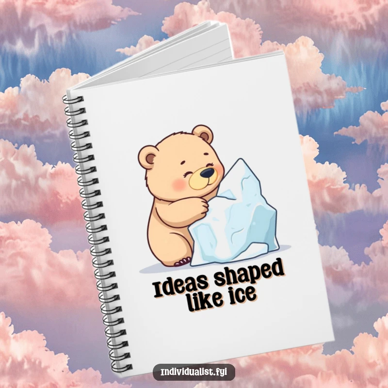 Funny Bear Ice Sculpting Notebook, a determined bear focused on sculpting a unique ice formation, ready for creative notes.