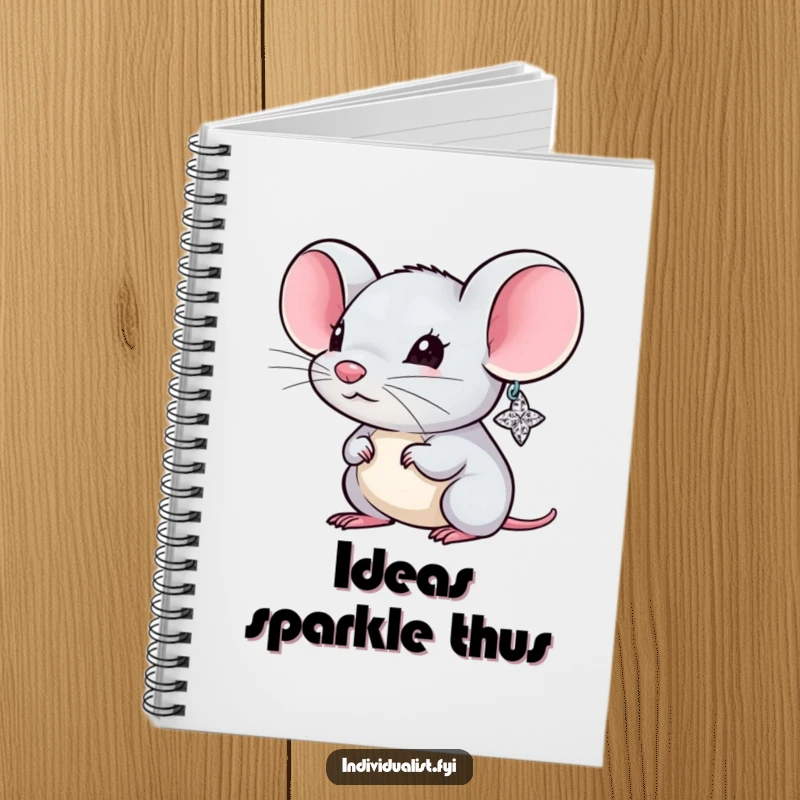 Funny Mouse Notebook with a tiny, fashionable mouse showcasing one oversized, sparkly earring, ready to record your thoughts.