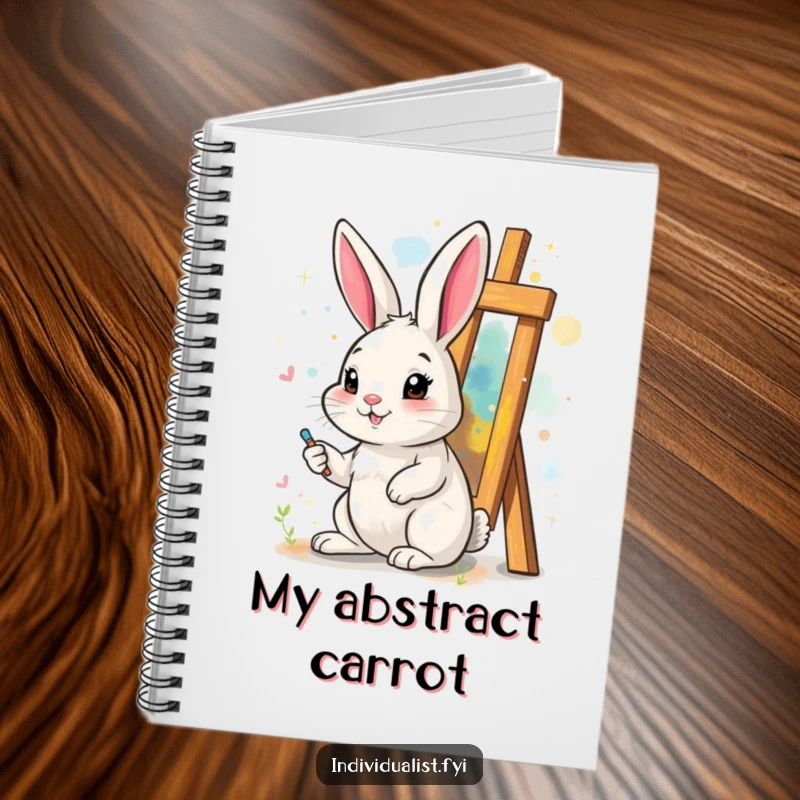 Funny notebook featuring a cheerful rabbit painting a surreal, abstract artwork, perfect for jotting down ideas with humor.