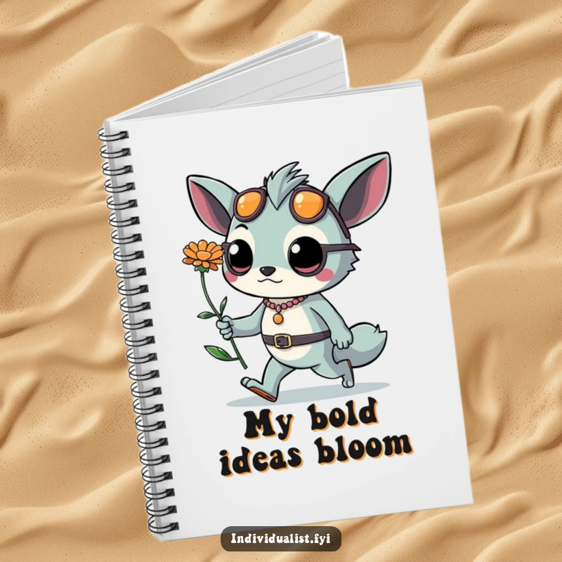 Funny notebook cover featuring a confident creature with edgy accessories and an unusual flower, walking with purpose. For bold thinkers.