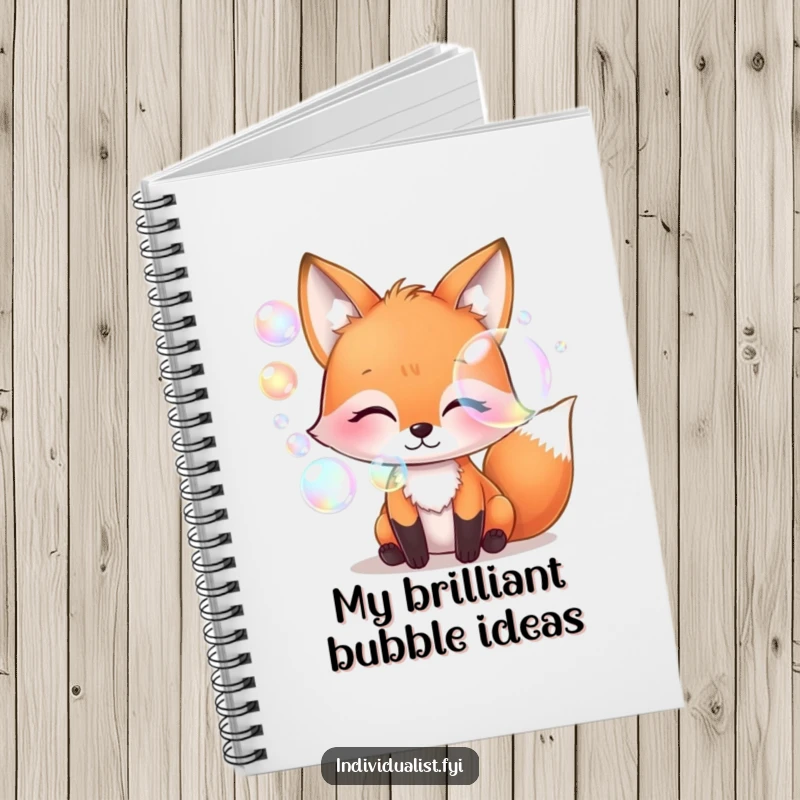 Funny whimsical fox blowing iridescent bubbles, spiral notebook, journal, magical creature art, creative writing gift, funny gift.