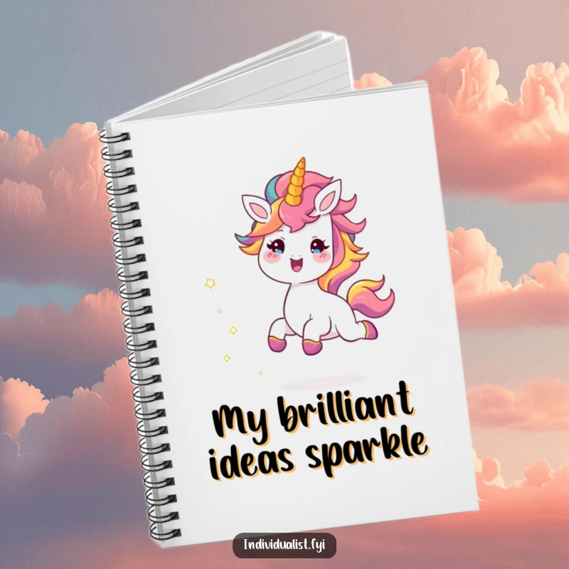 Funny notebook cover showing a cheerful creature with a rainbow mane skipping, leaving a trail of sparkles, ideal for creative note-taking.