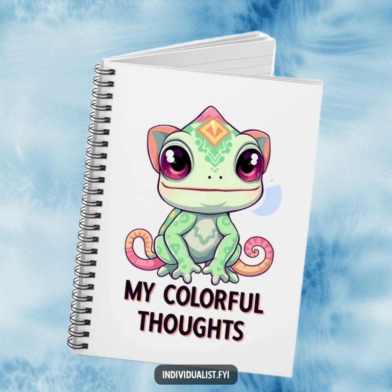 Funny chameleon notebook cover with a curious chameleon changing into a wildly vibrant pattern, ideal for journaling.