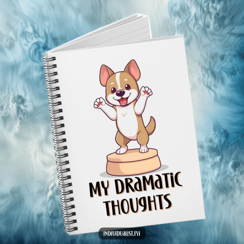 Funny notebook with a dog in a dramatic pose on a platform, ideal for writing, sketching, and dramatic musings.