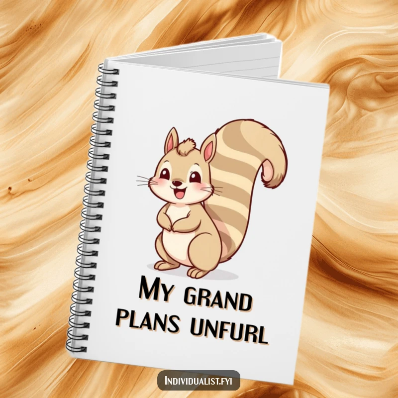 Funny squirrel notebook with a cheerful squirrel and an unusually tall, striped tail, ideal for writing with a touch of humor.