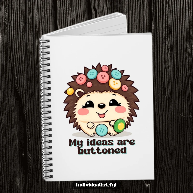 Funny hedgehog notebook with a giggling hedgehog adorned with assorted buttons, ideal for writing and drawing with a touch of humor.