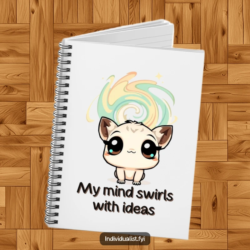 Funny notebook cover with a curious creature's expressive eyes looking at a swirling abstract pattern, prompting imaginative writing and drawing.
