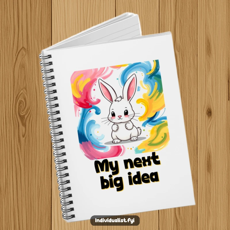Funny notebook cover with a determined bunny artistically painting abstract colorful swirls, ready for your notes.