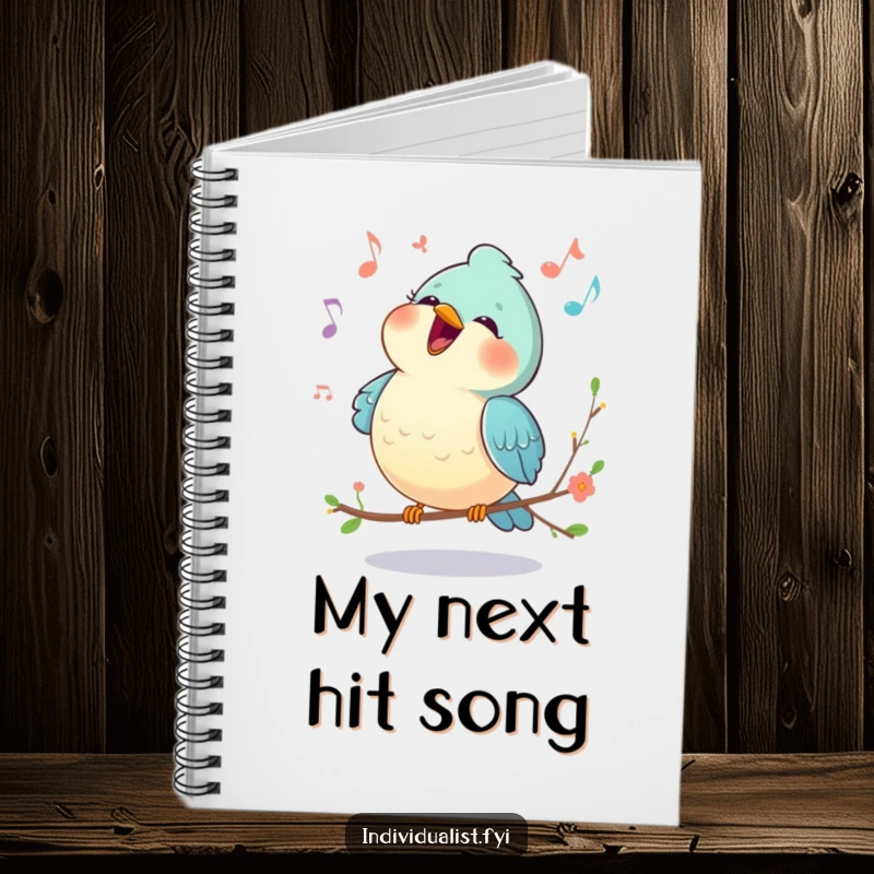 Funny notebook cover with a happy bird singing a unique melody, visually represented, ready for your notes.