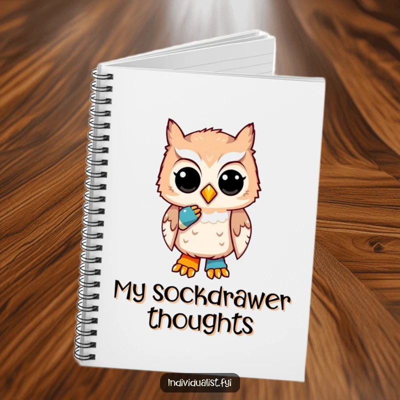 Funny notebook featuring a unique owl with a thoughtful expression and a mismatched sock, perfect for jotting down thoughts with humor.