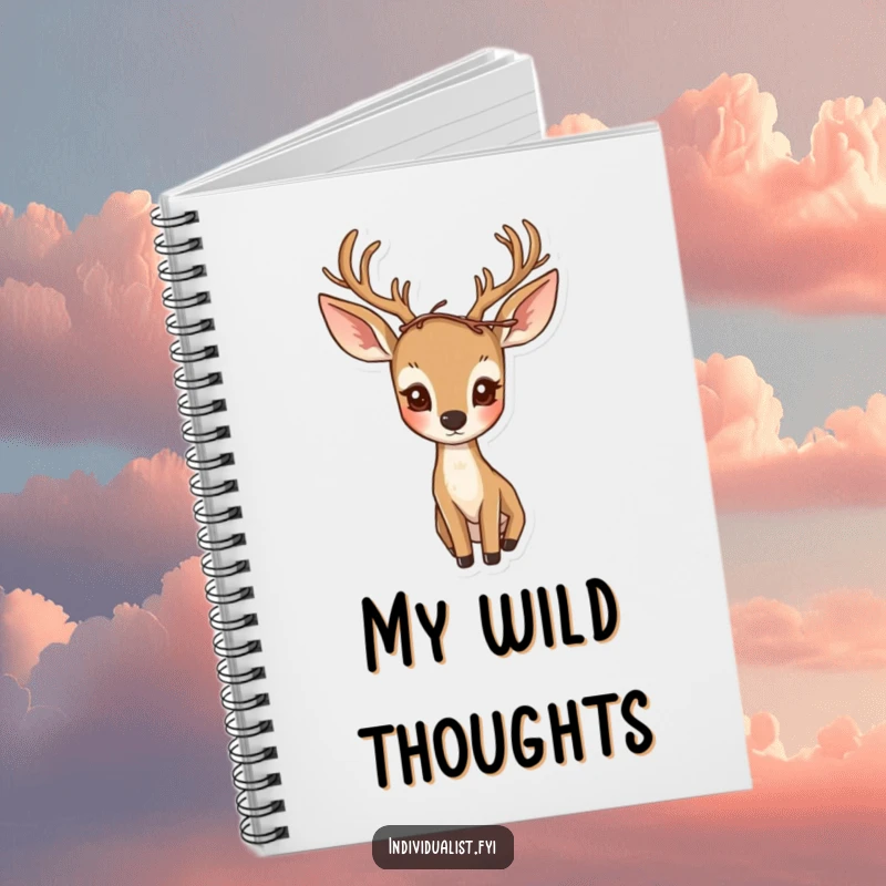 Funny notebook cover featuring a curious deer wearing an asymmetrical crown of twigs, perfect for nature notes.
