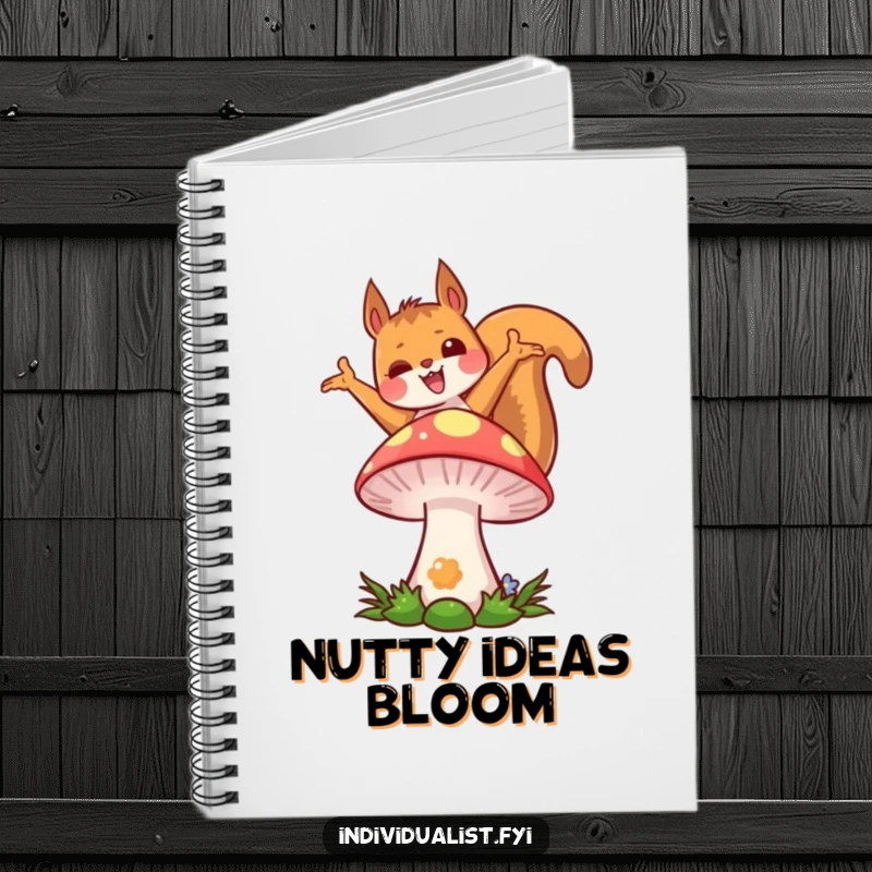 Funny kawaii squirrel notebook, featuring a joyful squirrel in a unique pose on a colorful mushroom, perfect for notes.