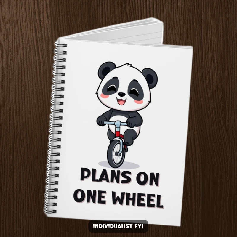 Funny panda unicycle notebook showing a happy panda riding a small unicycle with a proud grin, perfect for jotting ideas.