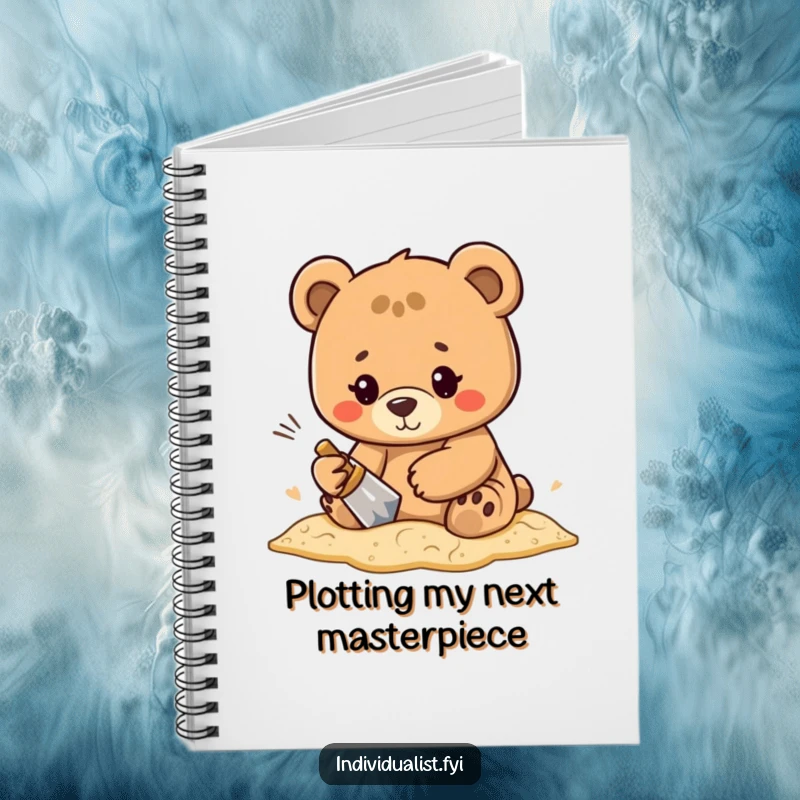 Funny determined bear character intently forging a unique pattern in the sand on the cover of this artistic notebook.