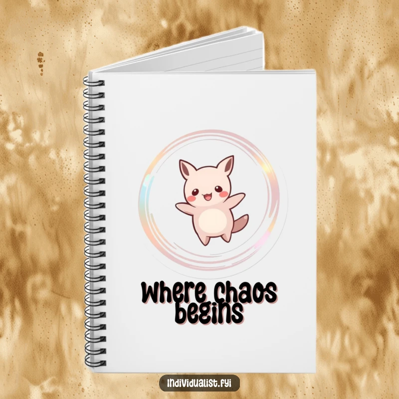 Funny notebook cover featuring a happy creature with an abstract silhouette, spinning and leaving a trail of shimmering light. For bright ideas.