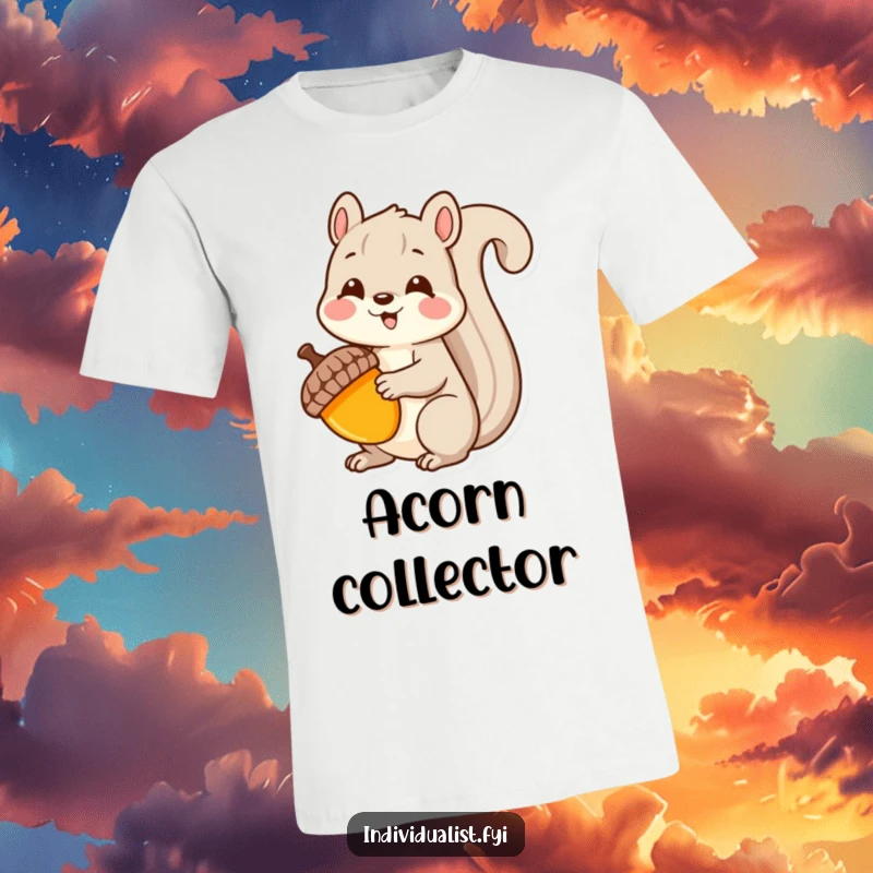 Funny Kawaii squirrel t-shirt, delightedly holding a brightly colored, uniquely shaped acorn, symbolizing appreciation for uniqueness.