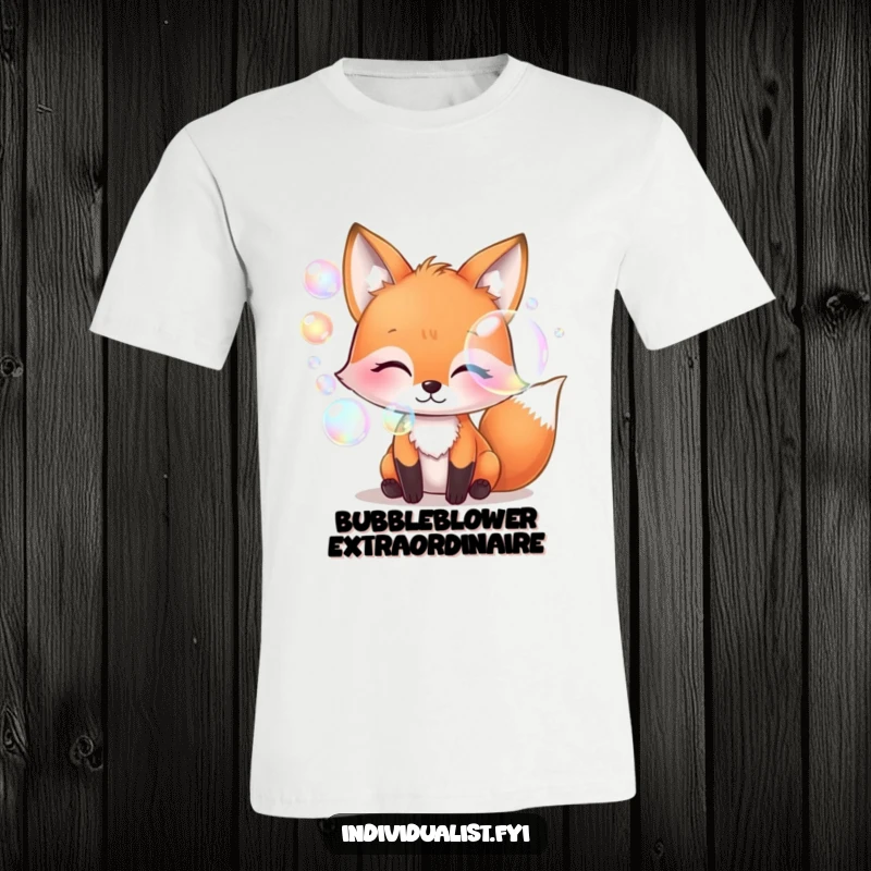 Funny whimsical fox blowing iridescent bubbles, colorful t-shirt, magical creature art, unique apparel, funny gift for dreamers.