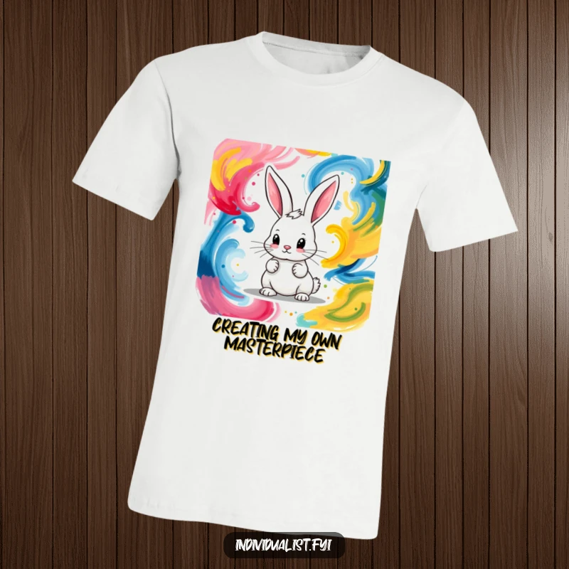 Funny t-shirt of a focused bunny painting colorful abstract swirls, showcasing dedication and artistic flair.