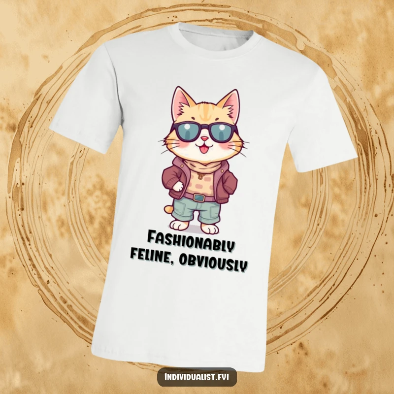 Funny Cat T-Shirt: A happy cat confidently sporting a collection of uniquely mismatched clothing items, full of personality.