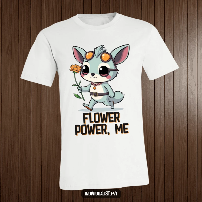 Funny t-shirt depicting a confident creature with fashionable, daring accessories and one unusual flower, walking with swagger. A true fashion icon.